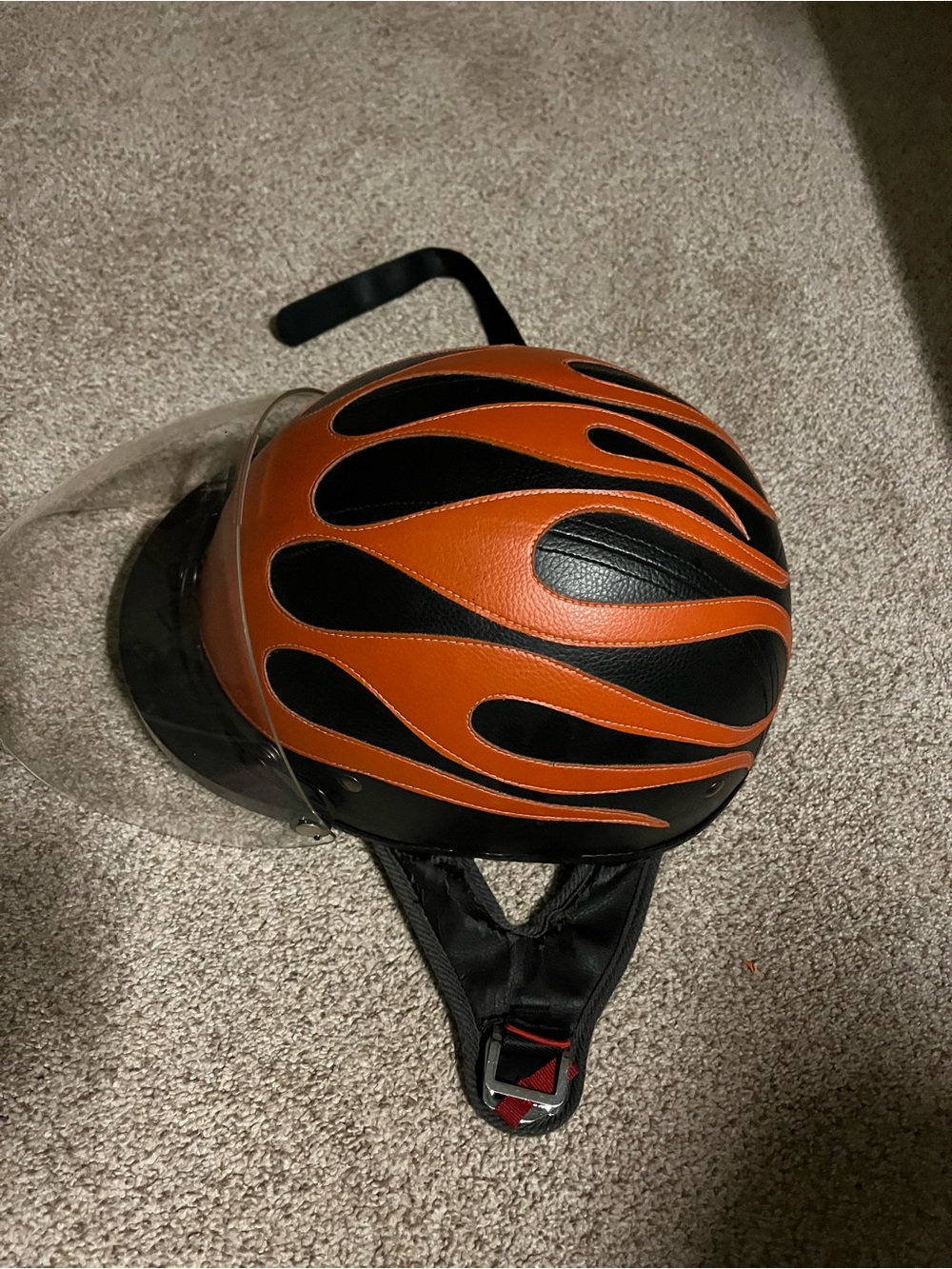 Black Leather Motorcycle Half Helmet with Orange Flames